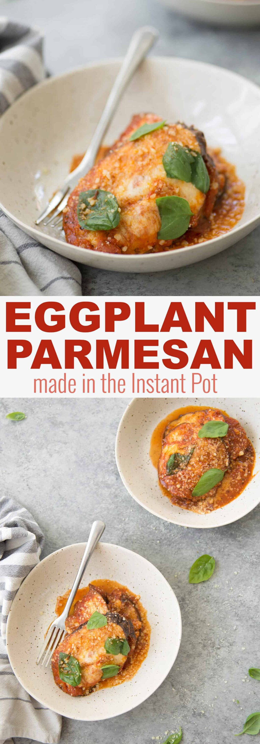 Eggplant Parmesan that you can make in the Instant Pot! This side dish is ready in just 15 minutes. Layers of eggplant, tomato sauce, basil and mozzerella cheese. Vegetarian and Gluten-Free | www.delishknowledge.com