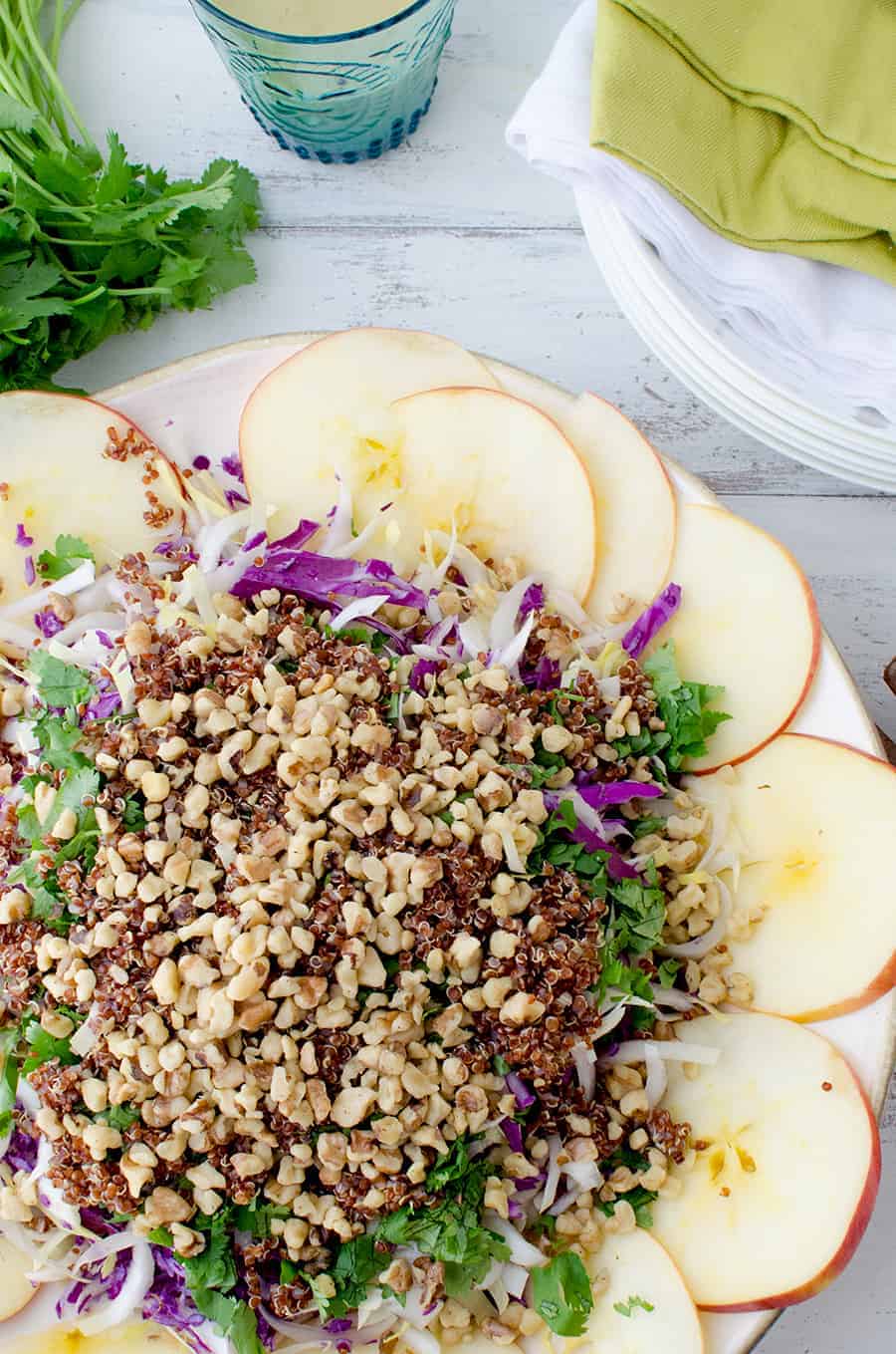 Winter Slaw! So, so good! Cabbage, Endive, Apples, Parsley, Walnut and Quinoa is a lemony-tahini sauce. Such a healthy side dish or main | www.delishknowledge.com