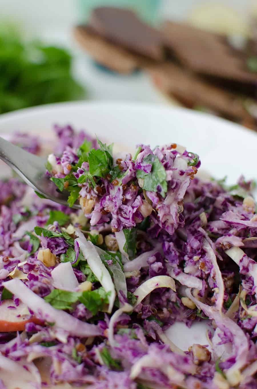 Winter Slaw! So, so good! Cabbage, Endive, Apples, Parsley, Walnut and Quinoa is a lemony-tahini sauce. Such a healthy side dish or main | www.delishknowledge.com
