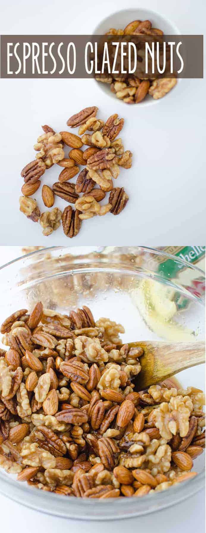 Perfect hostess gift and healthy snack! Espresso Glazed Mixed Nuts! Just a handful of ingredients, ready in 30 minutes. #vegan and #glutenfree