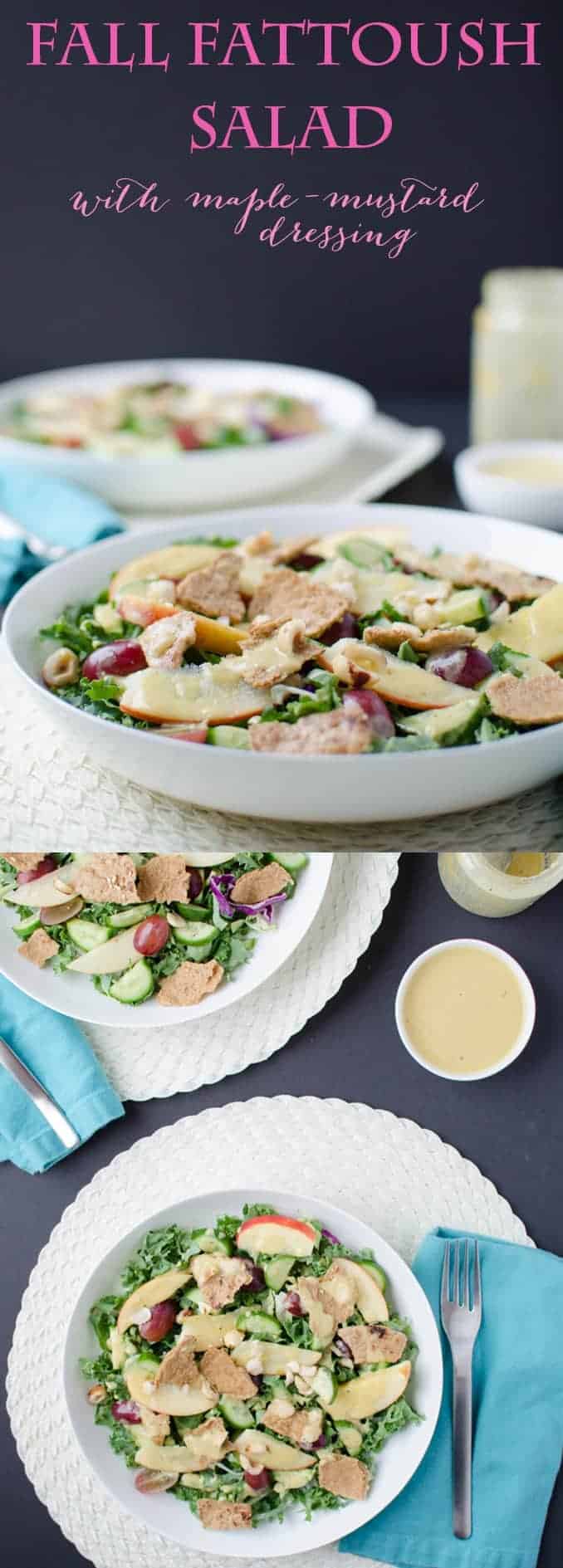 Fall Fattoush Salad! Kale salad tossed with sliced apples, juicy grapes, maple-mustard dressing and topped with pita chips.