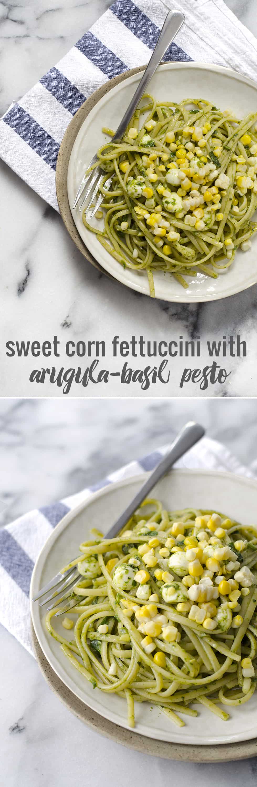 Fettuccini With Arugula Pesto And Sweet Corn- The Perfect Pasta For Summer! Ready In Just 20 Minutes! Vegetarian, Easily Vegan. | Www.delishknowledge.com