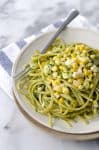 Fettuccini With Arugula Pesto And Sweet Corn- The Perfect Pasta For Summer! Ready In Just 20 Minutes! Vegetarian, Easily Vegan. | Www.delishknowledge.com