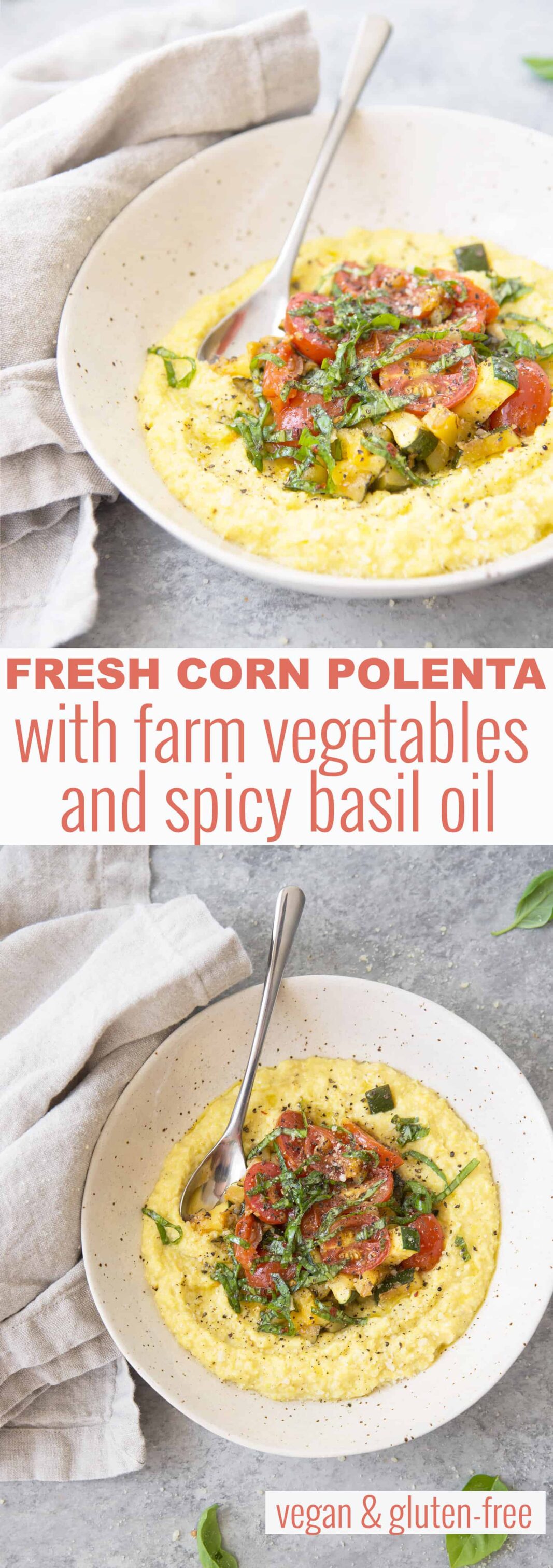 Fresh Corn Polenta with Farm Vegetables and Spicy Basil Oil. The vegan and gluten-free dinner is perfect for summer! Make the most of farmer's market produce; fresh corn polenta topped with sauteed farm vegetables and a drizzle of spicy basil oil. | www.delishknowledge.com