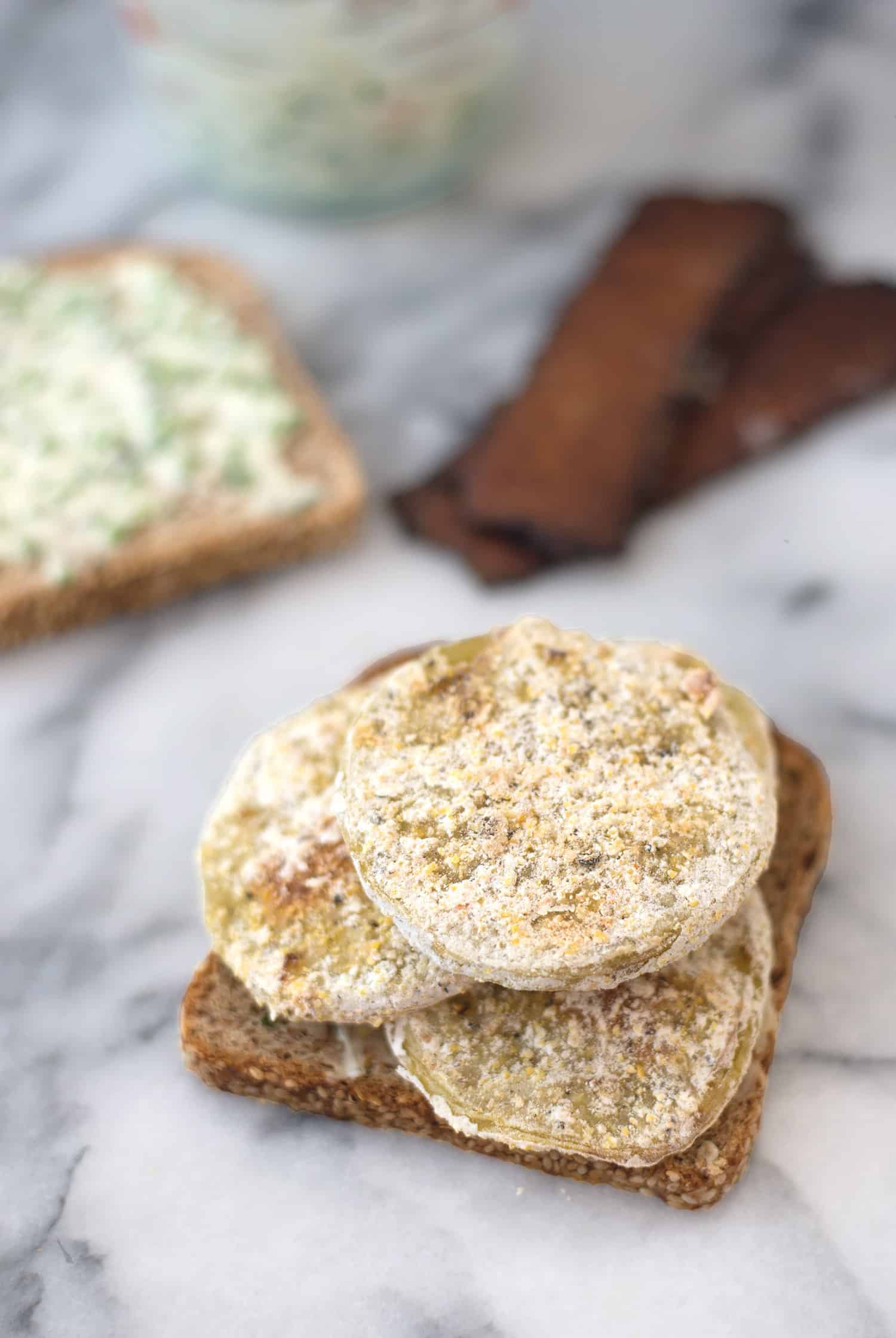 Fried Green Tomato Vegan Blts! Crispy, Faux-Fried Green Tomatoes With Vegan Bacon And Jalapeno-Lime Spread. | Www.delishknowledge.com