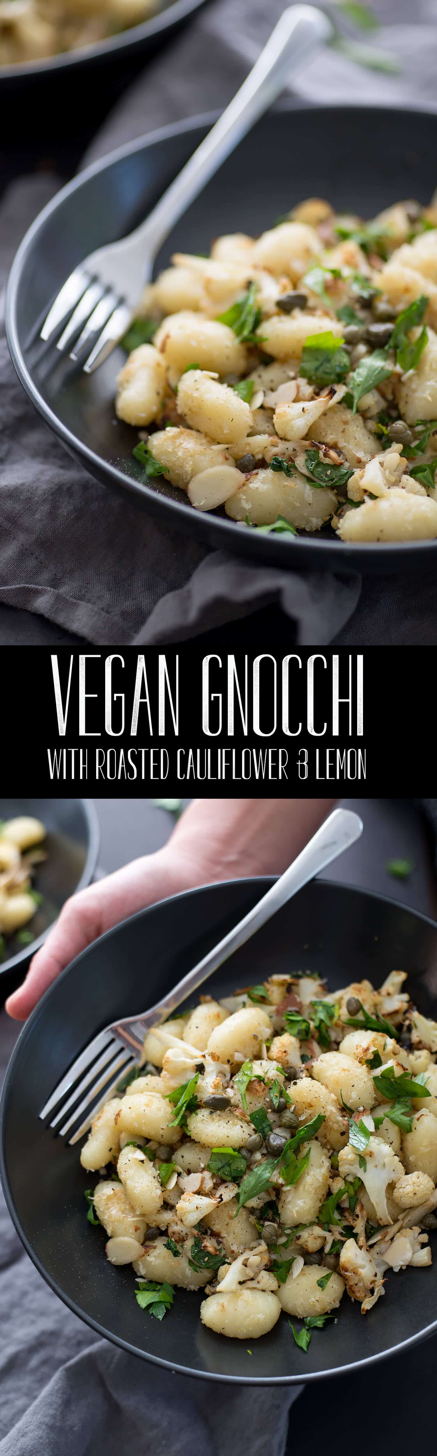 Vegan Gnocchi with Roasted Cauliflower and Lemon! This dinner is perfect for fall; crispy roasted cauliflower, capers, garlic breadcrumbs, gnocchi and fresh lemon juice. A must-make. | www.delishknowledge.com