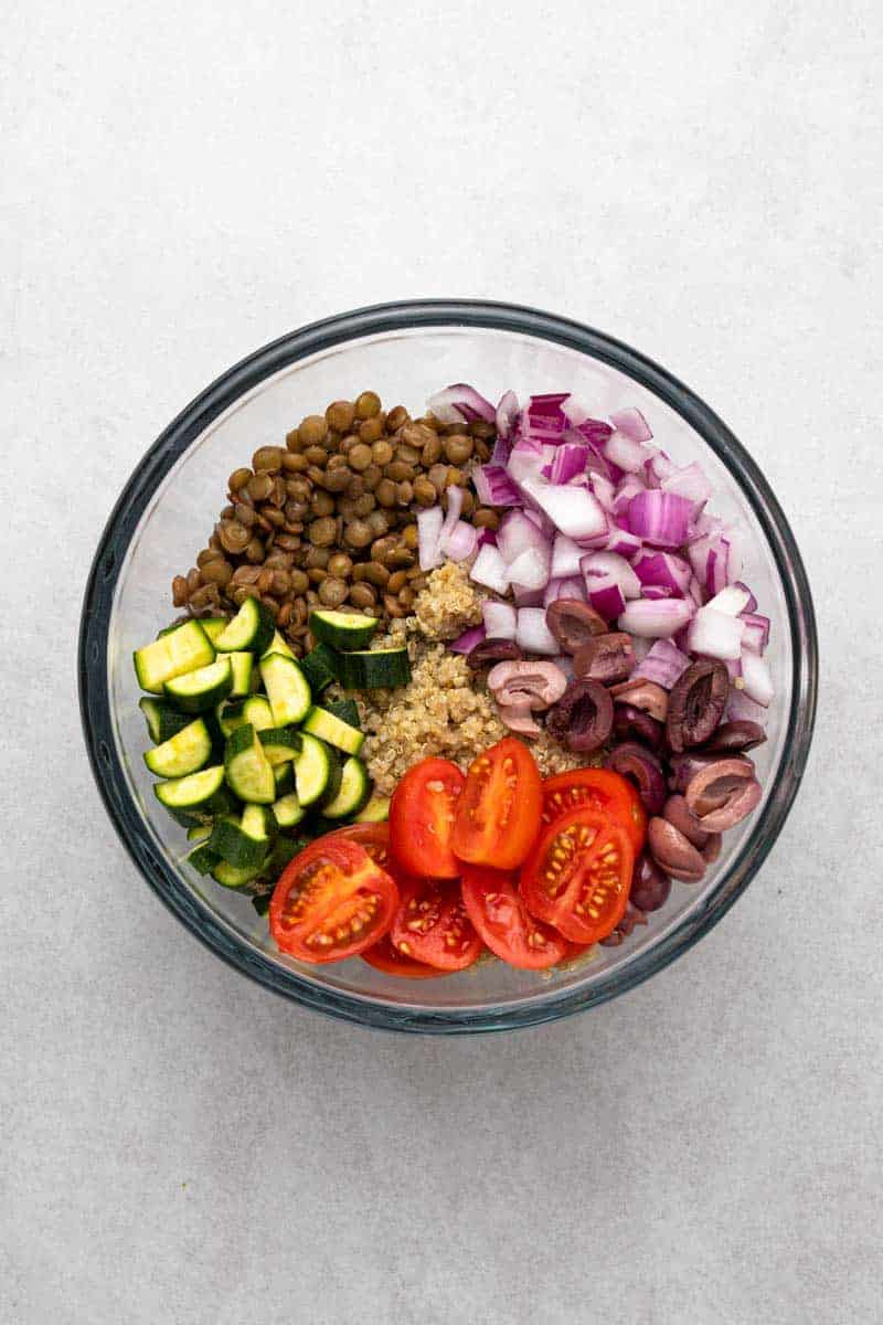 Greek Lentil Salad Ingredients In Bowl