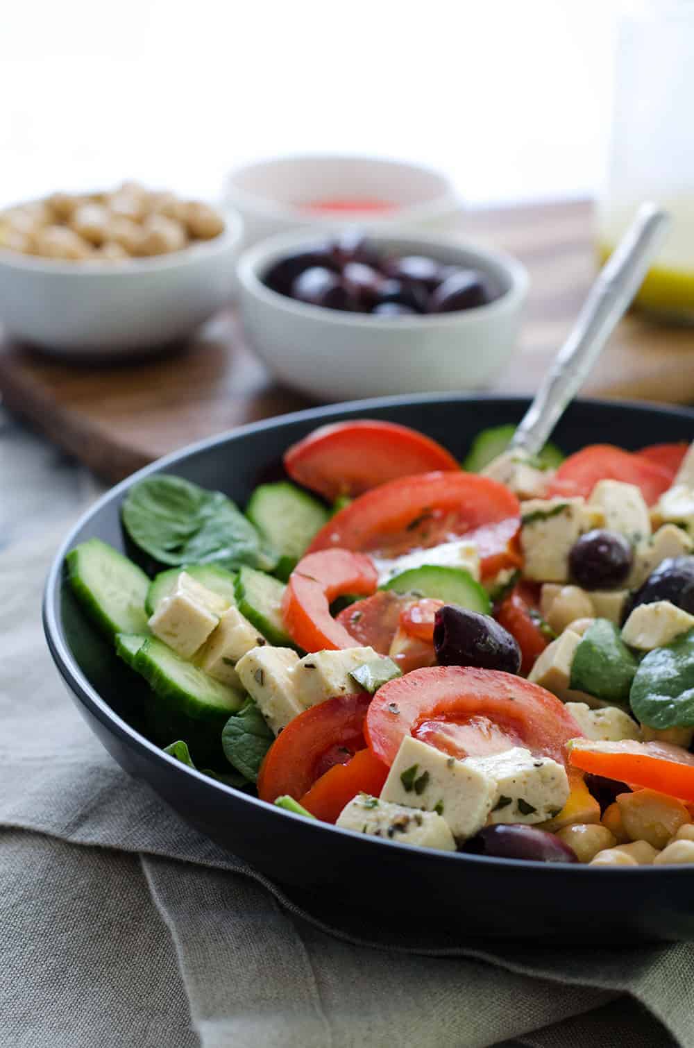 Vegan Greek Salad With Tofu Feta, Olives And Tomatoes