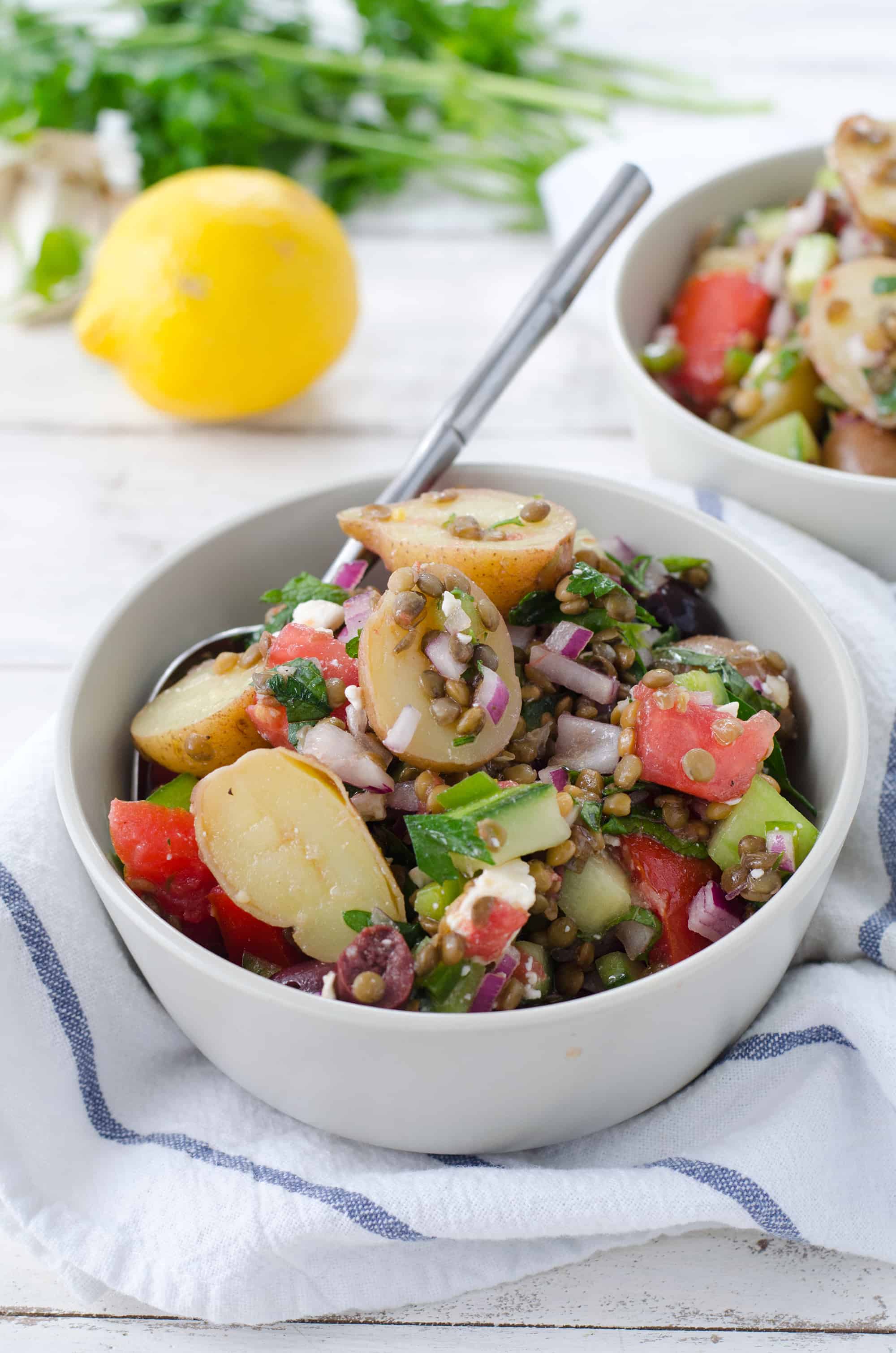 Greek Lentil And Potato Salad! This Side Salad Is Perfect For Summer. Lentils, Herbed Potatoes And Vegetables In A Lemon Dressing. A Must-Try! Vegetarian, Easily Vegan. | Www.delishknowledge.com 