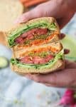 Green Goddess Veggie Sandwich! This sandwich is layered with flavor and packed with vegetables! Homemade green-goddess dressing, tomatoes, sprouts, avocado, goat cheese, radish, carrots. Vegetarian, easily vegan or gluten-free. | www.delishknowledge.com