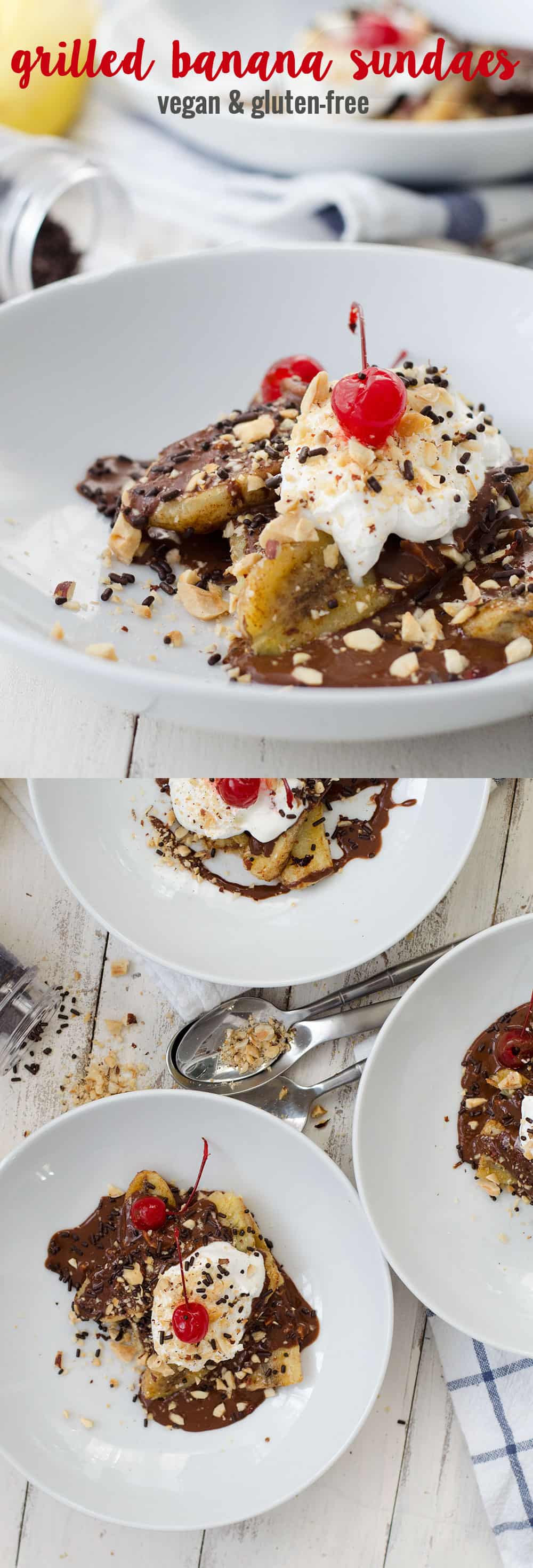 Grilled Banana Sundaes with Chocolate Hazelnut Sauce! These dairy-free sundaes are so incredibly delicious, you will want them over and over again this summer! Grilled bananas topped with coconut cream, homemade chocolate hazelnut sauce. Gluten-Free and Vegan. | www.delishknowledge.com