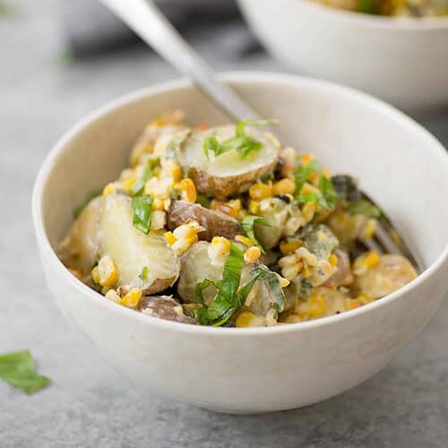 Grilled Corn, Poblano And Potato Salad! A Must-Make For Summer Bbqs And Potlucks. Grilled Corn, Potato And Poblano Peppers Mixed With A Dairy-Free Basil Dressing. Vegan And Gluten-Free | Www.delishknowledge.com