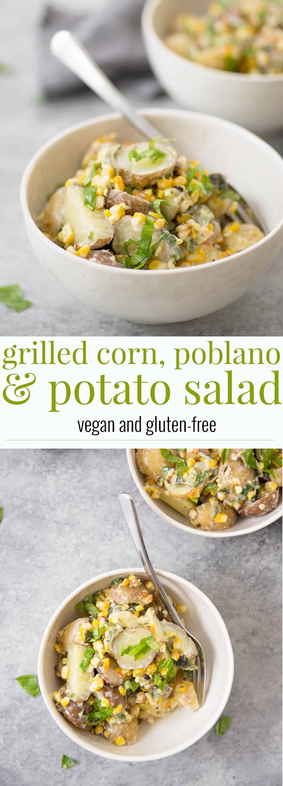 Grilled Corn, Poblano and Potato Salad! A must-make for summer BBQs and potlucks. Grilled corn, potato and poblano peppers mixed with a dairy-free basil dressing. Vegan and Gluten-Free | www.delishknowledge.com