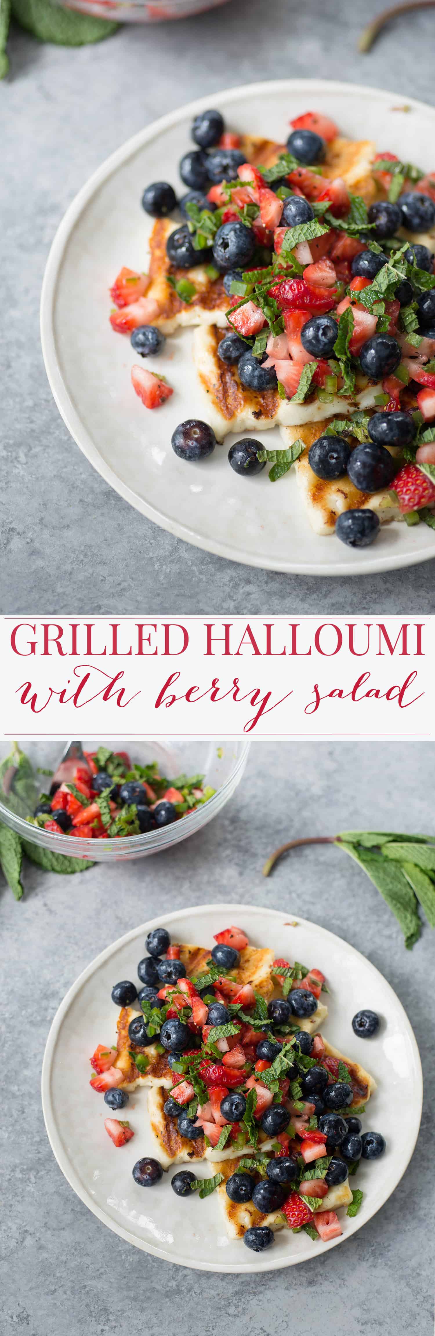 Grilled Halloumi Salad with Mixed Berry Salad. Grilled slices of halloumi cheese topped with a fresh mint and berry salad. Vegetarian & Gluten-Free | www.delishknowledge.com