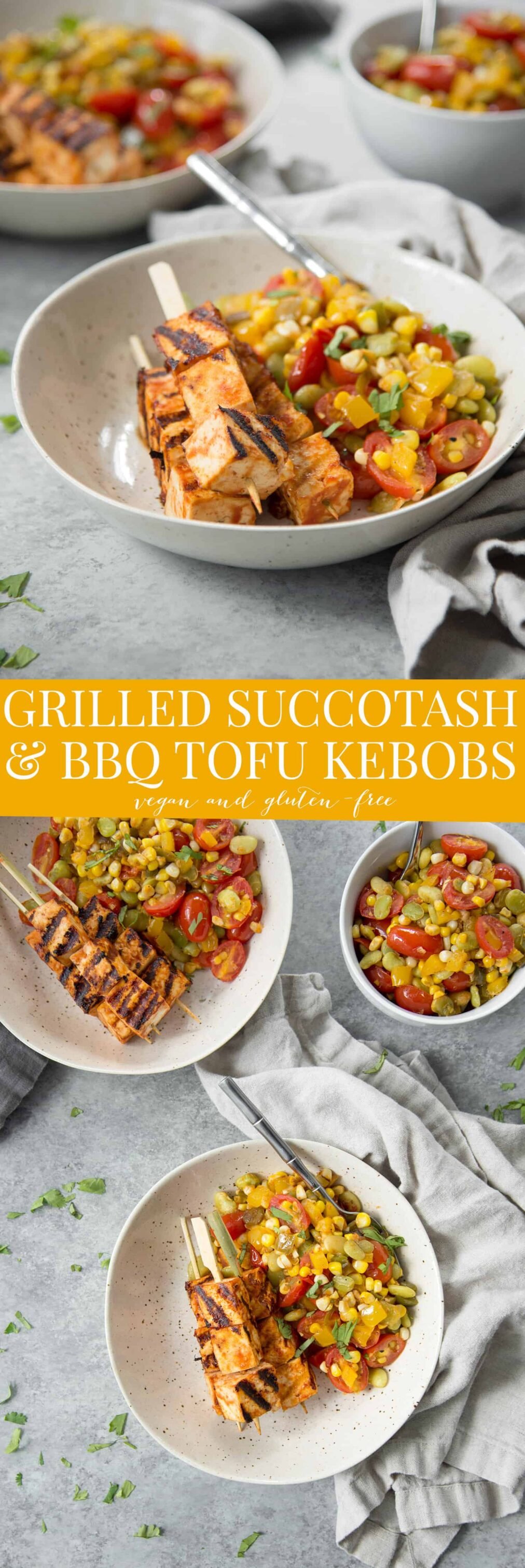 The perfect summer dinner! Grilled succotash with BBQ tofu kebobs. So flavorful and easy! Vegan and gluten-free. | www.delishknowledge.com
