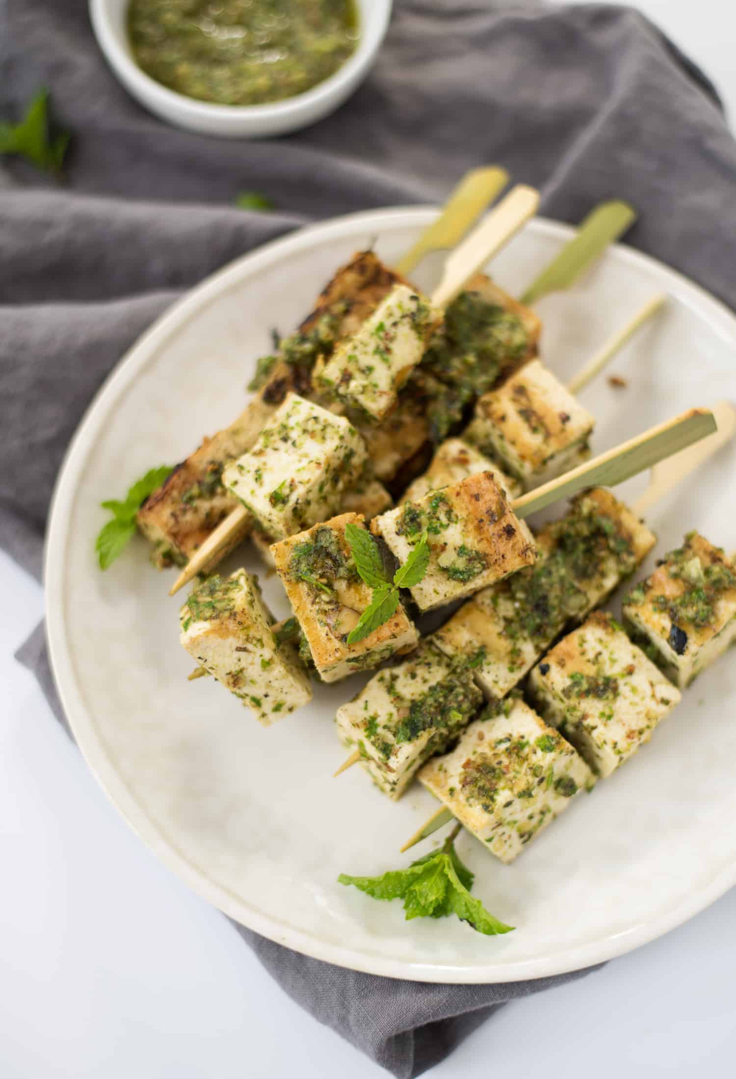 Grilled Tofu Kebobs With Mint Pesto! A Healthy And Easy Main Dish For Summer. Vegetarian And Gluten-Free. | Www.delishknowledge.com