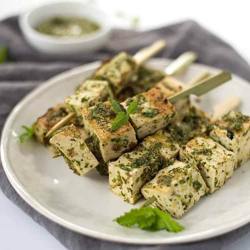 Grilled Tofu Kebobs With Mint Pesto! A Healthy And Easy Main Dish For Summer. Vegetarian And Gluten-Free. | Www.delishknowledge.com