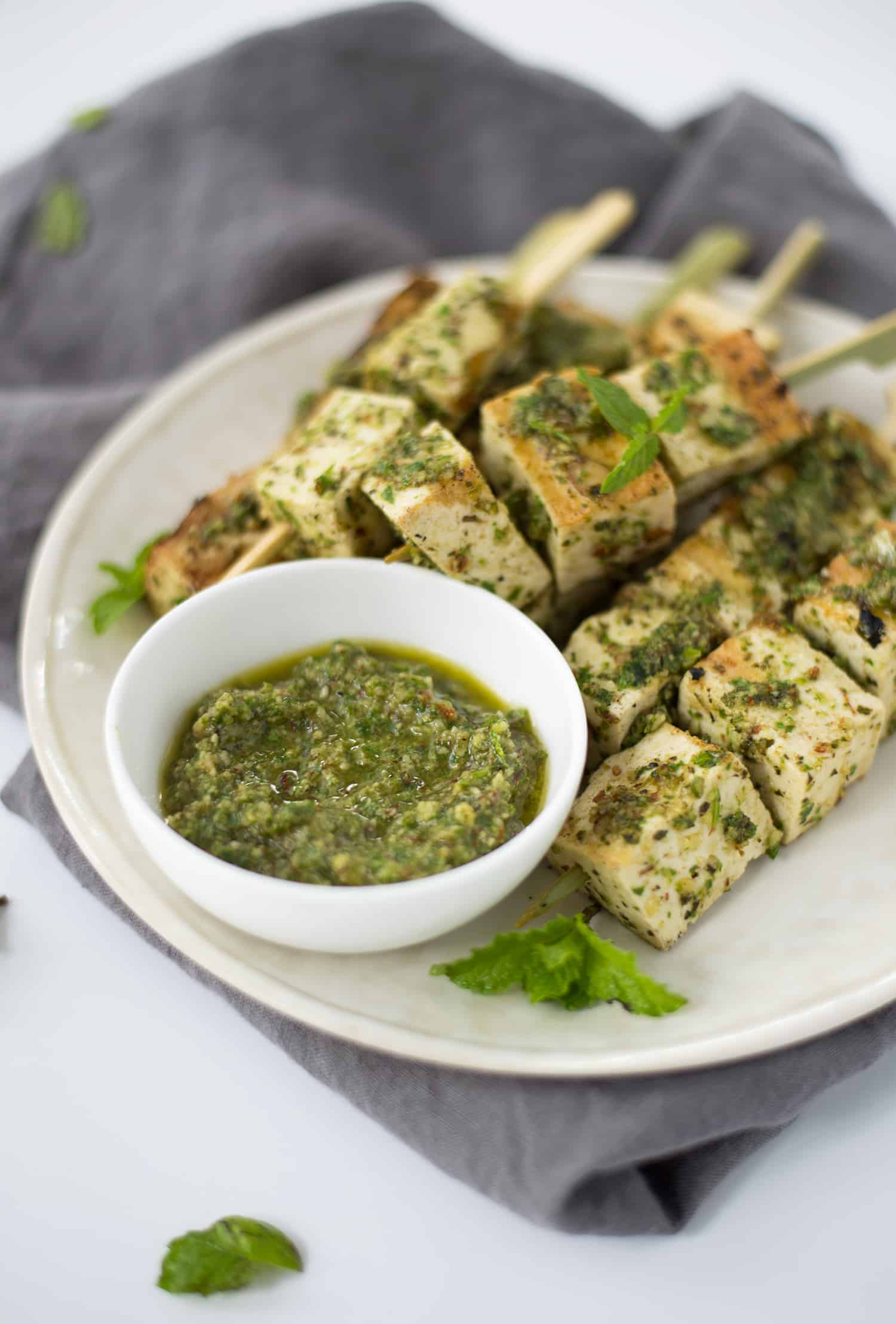 Grilled Tofu Kebobs With Mint Pesto! A Healthy And Easy Main Dish For Summer. Vegetarian And Gluten-Free. | Www.delishknowledge.com