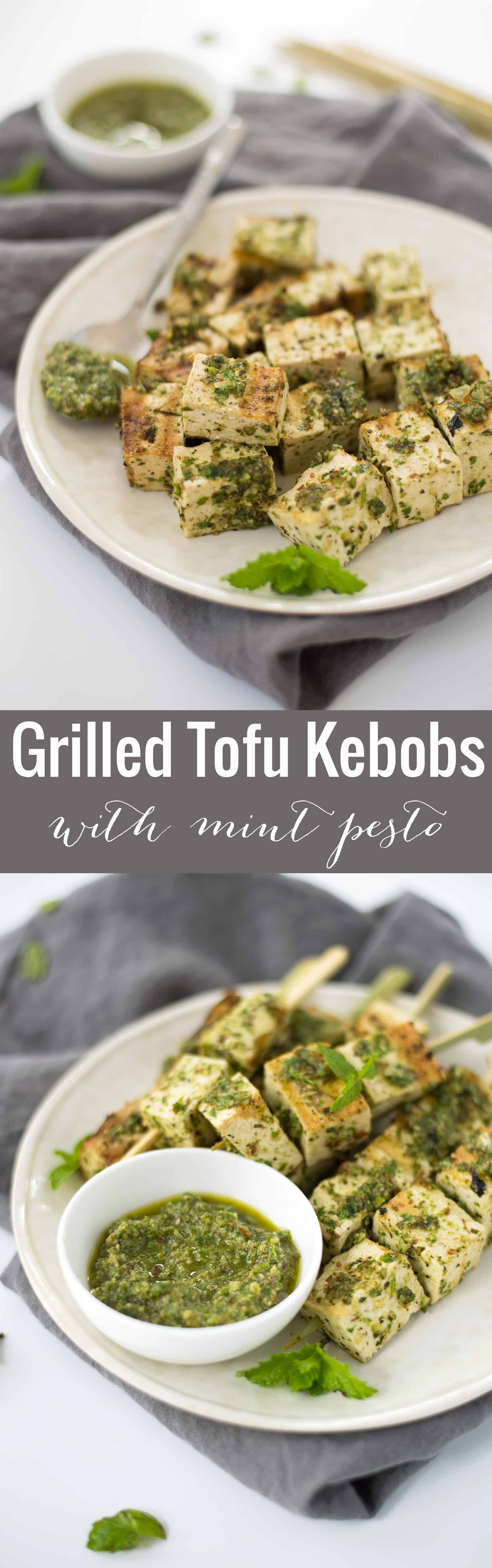 Grilled Tofu Kebobs with Mint Pesto! A healthy and easy main dish for summer. Vegetarian and Gluten-Free. | www.delishknowledge.com