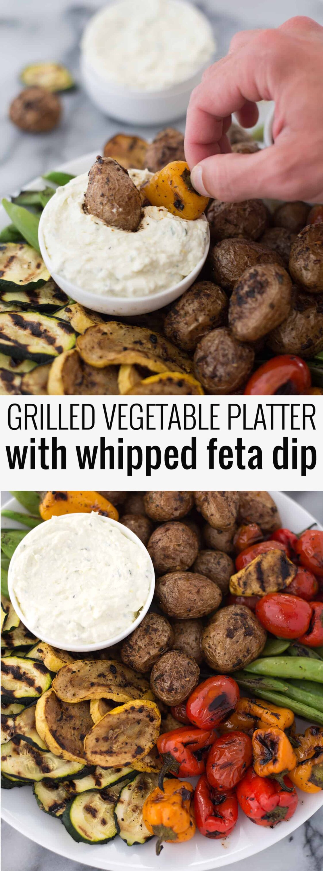 Grilled Vegetable Platter with Lemon-Feta Dip and Roasted Pepper Hummus! Easy, summer entertaining! Make a giant platter of grilled vegetables and dip ahead of time for no-fuss dinner. BBQ grilled potatoes, any vegetable you want and a salty, tangy dip! Vegetarian and gluten-free. | www.delishknowledge.com