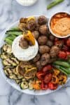 Grilled Vegetable Platter With Lemon-Feta Dip And Roasted Pepper Hummus! Easy, Summer Entertaining! Make A Giant Platter Of Grilled Vegetables And Dip Ahead Of Time For No-Fuss Dinner. Bbq Grilled Potatoes, Any Vegetable You Want And A Salty, Tangy Dip! Vegetarian And Gluten-Free. | Www.delishknowledge.com