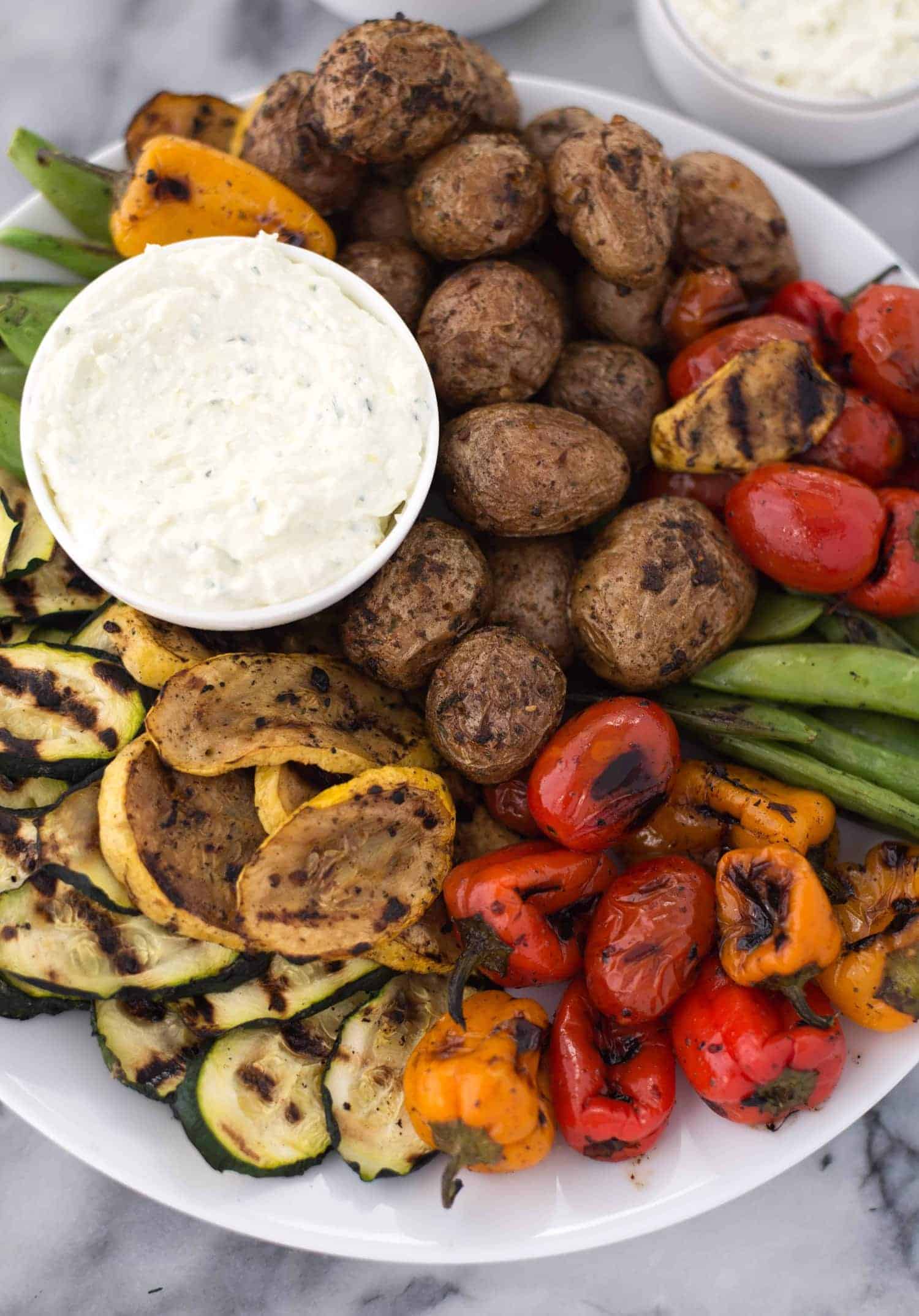 Grilled Vegetable Platter With Lemon-Feta Dip And Roasted Pepper Hummus! Easy, Summer Entertaining! Make A Giant Platter Of Grilled Vegetables And Dip Ahead Of Time For No-Fuss Dinner. Bbq Grilled Potatoes, Any Vegetable You Want And A Salty, Tangy Dip! Vegetarian And Gluten-Free. | Www.delishknowledge.com