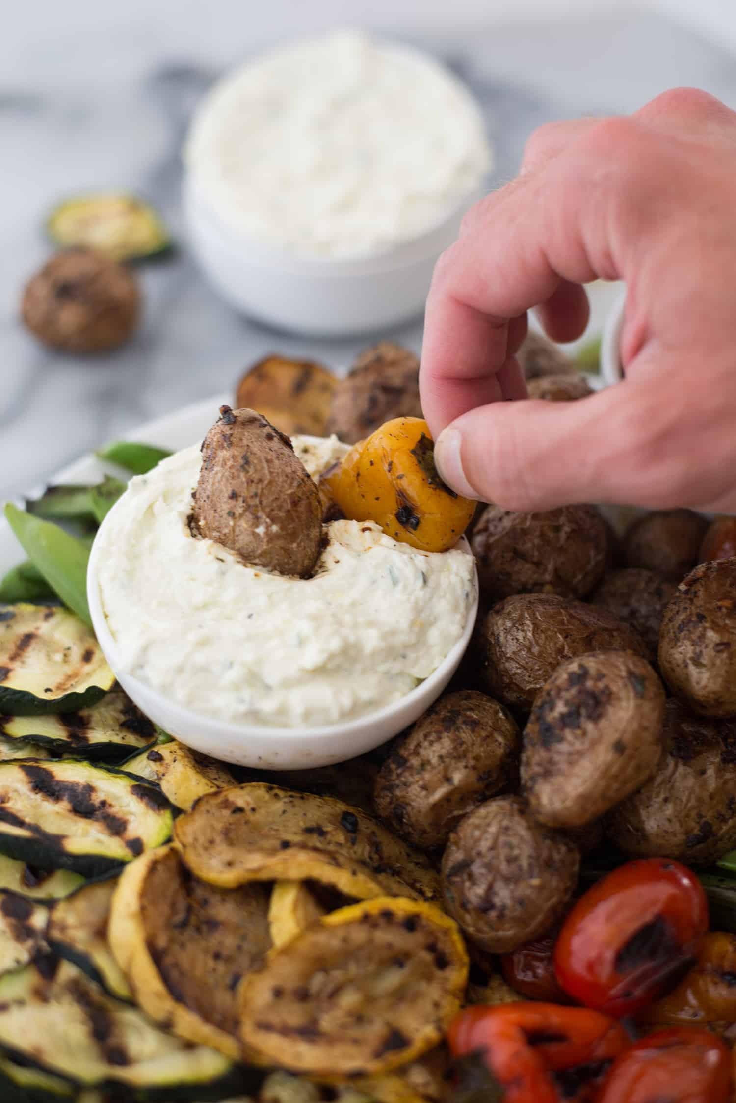 Grilled Vegetable Platter With Lemon-Feta Dip And Roasted Pepper Hummus! Easy, Summer Entertaining! Make A Giant Platter Of Grilled Vegetables And Dip Ahead Of Time For No-Fuss Dinner. Bbq Grilled Potatoes, Any Vegetable You Want And A Salty, Tangy Dip! Vegetarian And Gluten-Free. | Www.delishknowledge.com