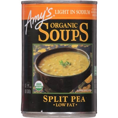 The 10 Healthiest Canned Soups 3 A Can Of Amy’s Organic Soups Split Pea, Labeled “Light In Sodium” And “Low Fat,” Showcases Why It’s Considered One Of The Healthiest Canned Soup Options, With An Image Of Soup In A Black Bowl On The Front.