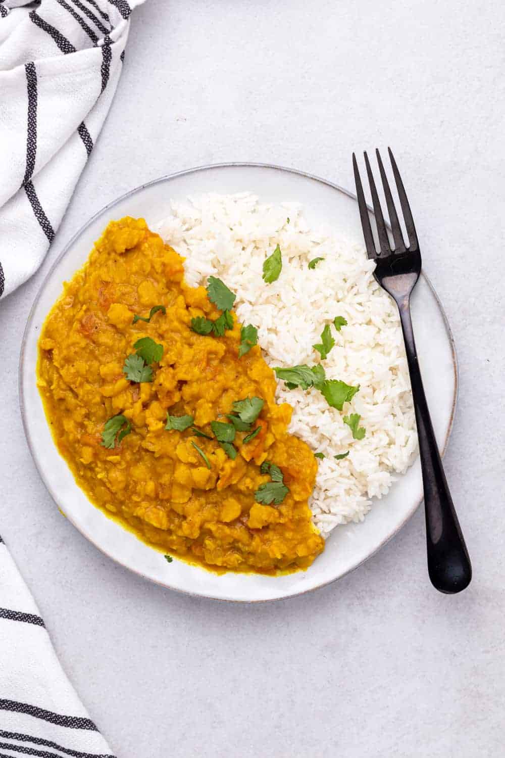 Served Dal On White Rice With Cilantro Garnish