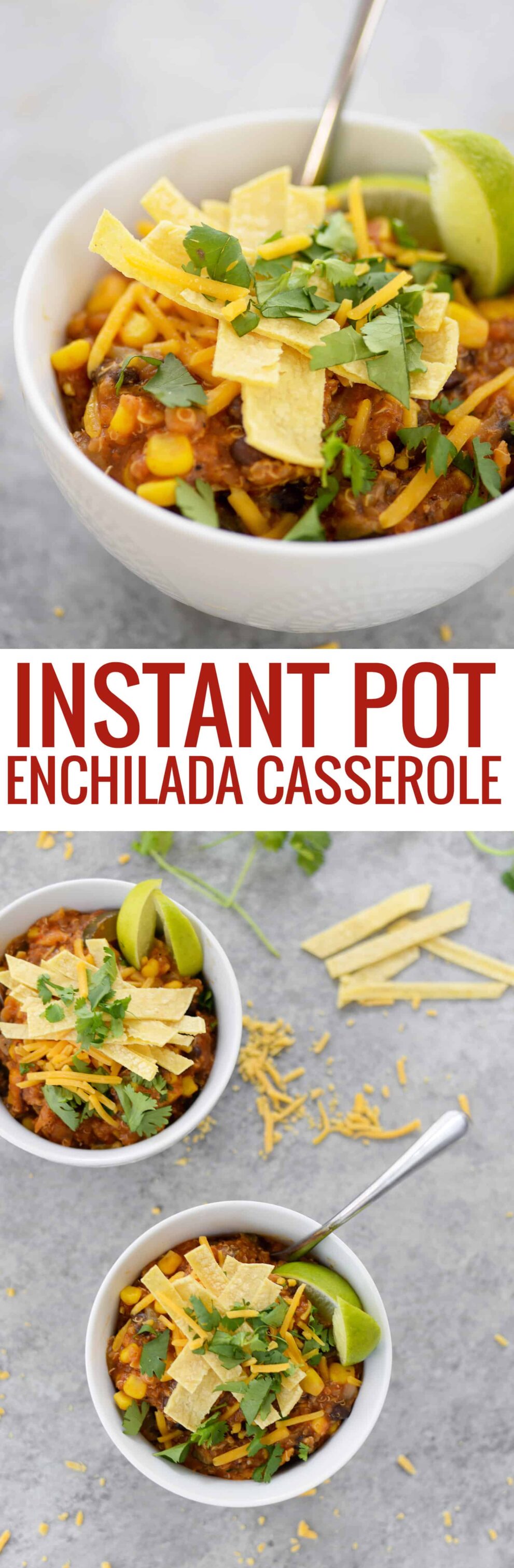 Instant Pot Enchilada Casserole. Yummy, vegetarian and gluten-free! Cooked quinoa, beans, corn and corn tortillas in a homemade enchilada sauce. Delicious! #mexican #dinner #recipe #healthy #glutenfree #vegetarian #quinoa #weeknight | www.delishknowledge.com