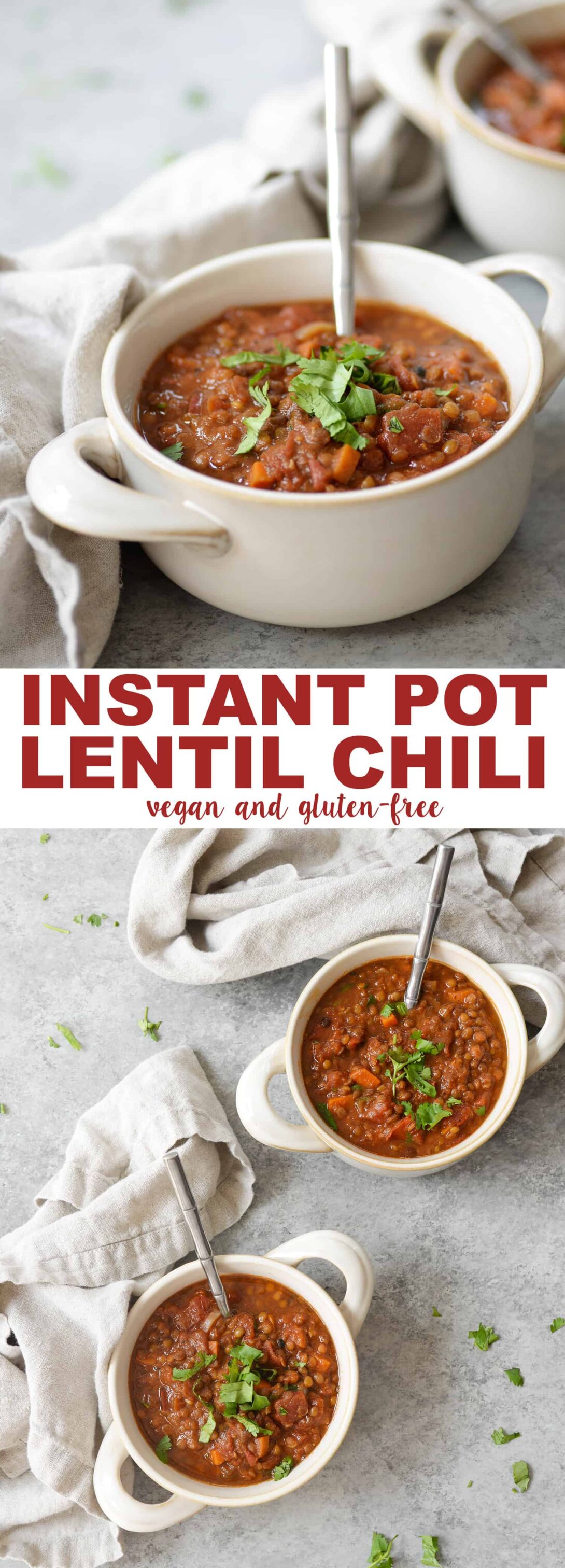 Instant Pot Vegan Lentil Chili! Looking for a healthy, quick chili? Try this vegan and gluten-free lentil chili. Made in the Instant Pot/Pressure Cooker for ease, with directions for the slow-cooker. | www.delishknowledge.com