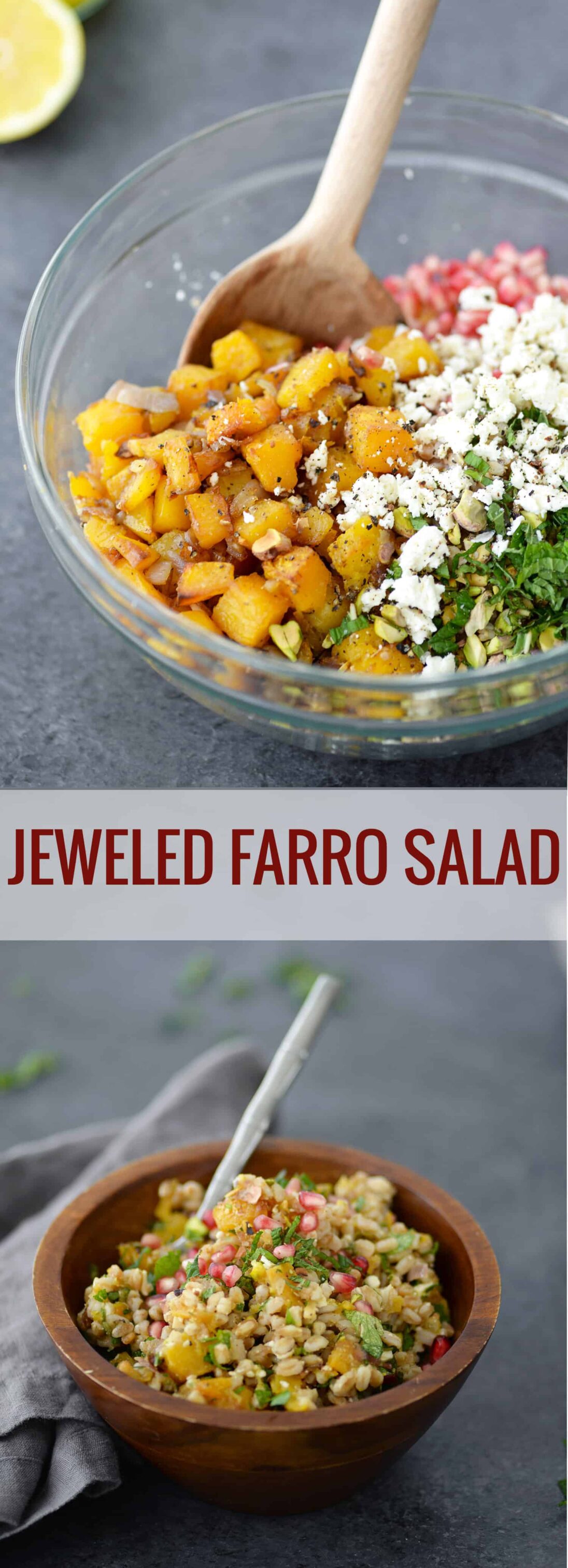 Jeweled Farro Salad! You've gotta try this salad for Thanksgiving or Christmas. Roasted butternut squash, pistachios, pomegranate seeds, farro, mint and parsley in a lemon dressing. SO good! | www.delishknowledge.com