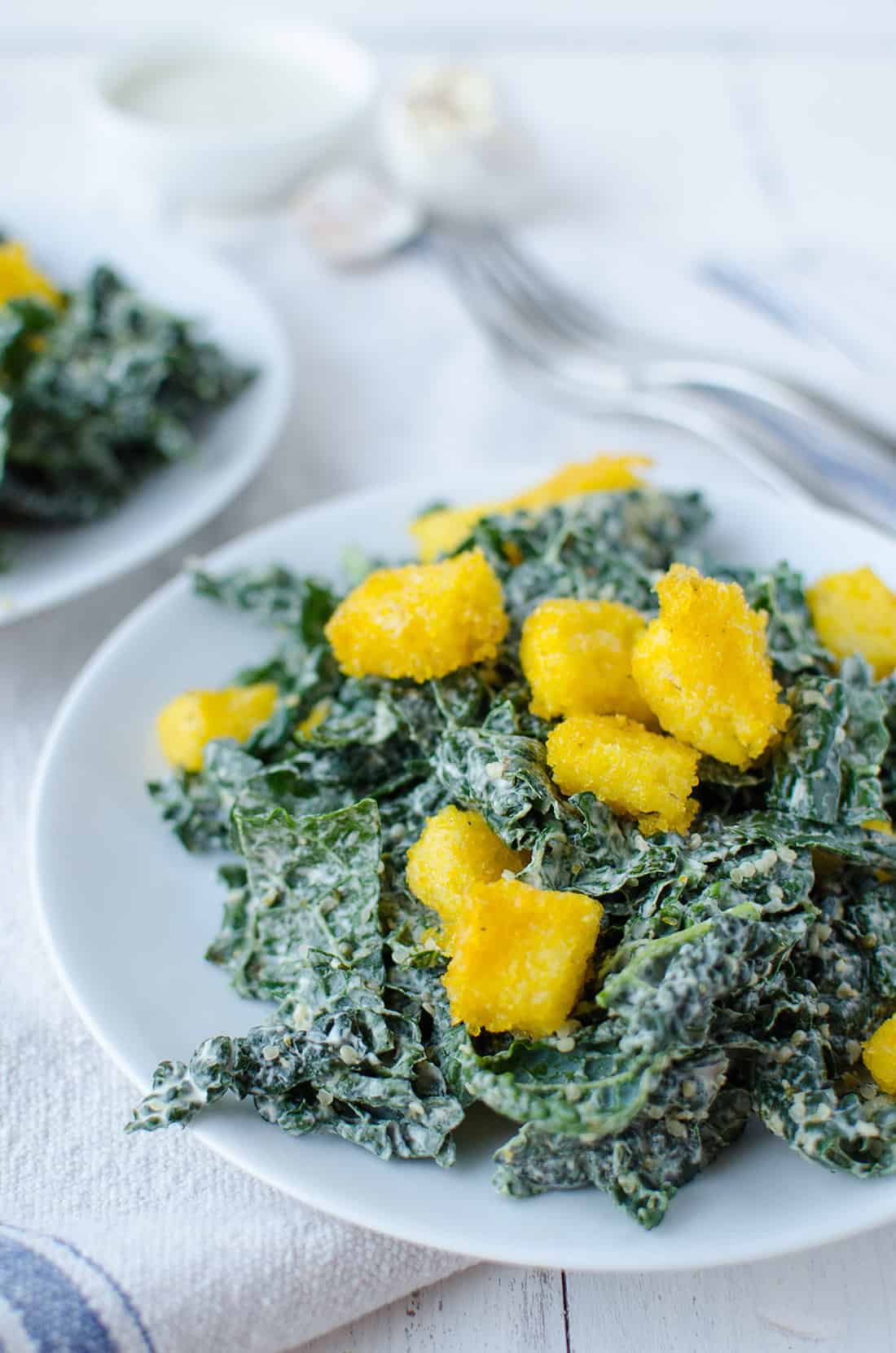 Kale Caesar Salad! Creamy Caesar Dressing With Crispy Polenta Croutons. Vegan &Amp; Gluten-Free | Www.delishknowledge.com