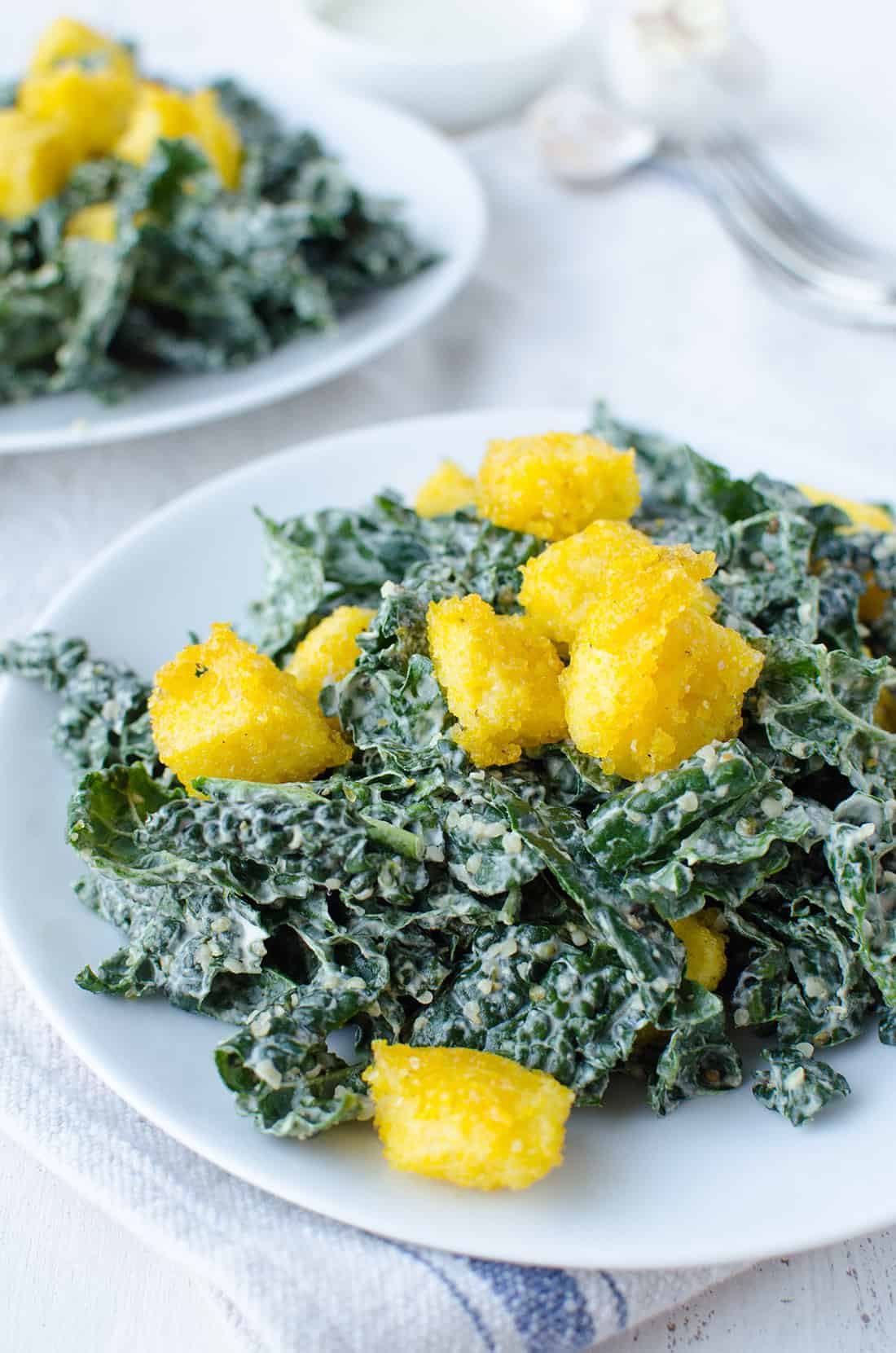 Kale Caesar Salad! Creamy Caesar Dressing With Crispy Polenta Croutons. Vegan &Amp; Gluten-Free | Www.delishknowledge.com