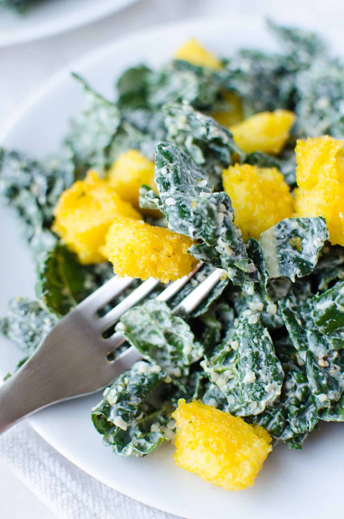 Kale Caesar Salad! Creamy Caesar Dressing With Crispy Polenta Croutons. Vegan &Amp; Gluten-Free | Www.delishknowledge.com