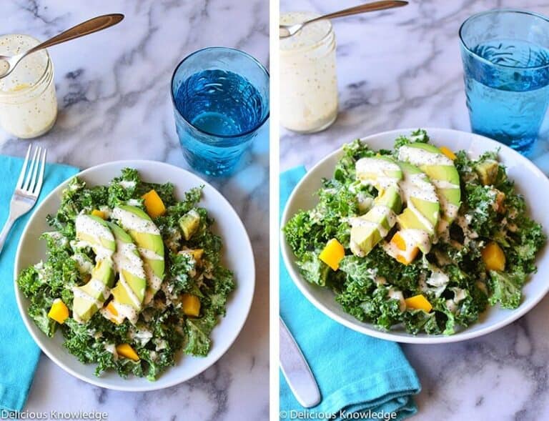 Kale Salad with Mango, Avocado and Vegan poppy seed dressing