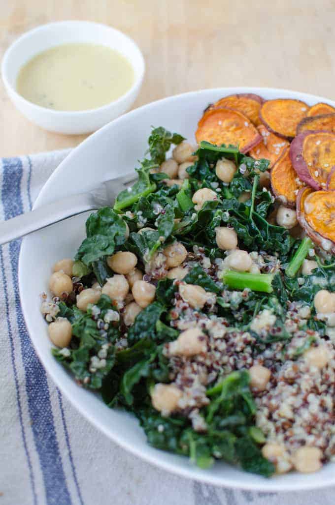 Get Your Veggies On! Such A Healthy Meal With 16G Of Protein! #Gluten-Free And #Vegan! A Vibrant-Nutrient Packed Bowl Of Kale, Chickpeas, Sweet Potatoes And Quinoa. Tossed With A Creamy Miso-Caesar Dressing.