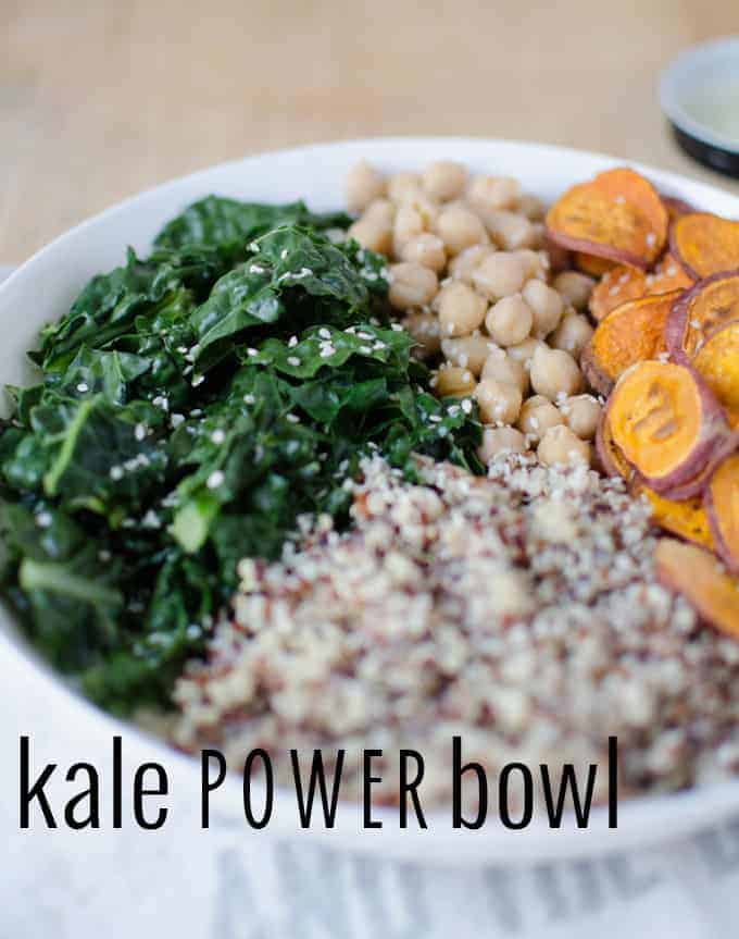 Get Your Veggies On! Such A Healthy Meal With 16G Of Protein! #Gluten-Free And #Vegan! A Vibrant-Nutrient Packed Bowl Of Kale, Chickpeas, Sweet Potatoes And Quinoa. Tossed With A Creamy Miso-Caesar Dressing.