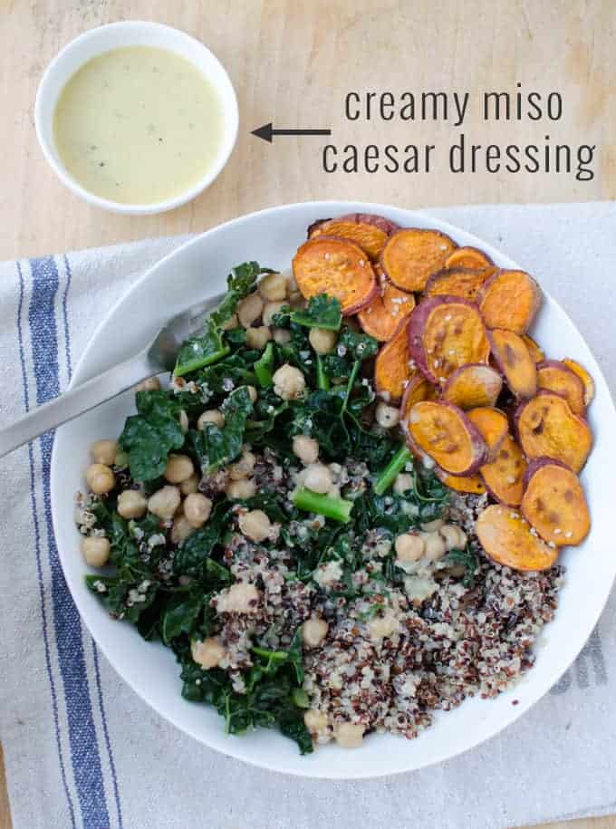 Get Your Veggies On! Such A Healthy Meal With 16G Of Protein! #Gluten-Free And #Vegan! A Vibrant-Nutrient Packed Bowl Of Kale, Chickpeas, Sweet Potatoes And Quinoa. Tossed With A Creamy Miso-Caesar Dressing.