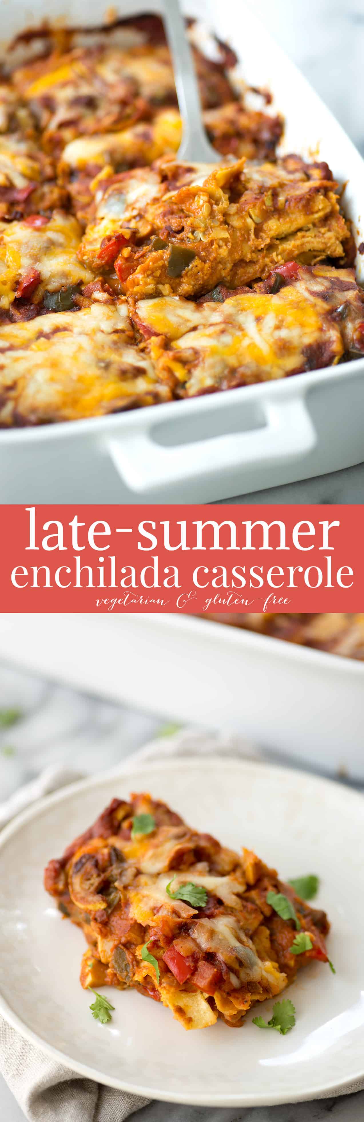 Late-Summer Vegetarian Enchilada Casserole. Layers of corn tortillas, homemade enchilada sauce, peppers, squash and cheese. Vegetarian & Gluten-Free | www.delishknowledge.com