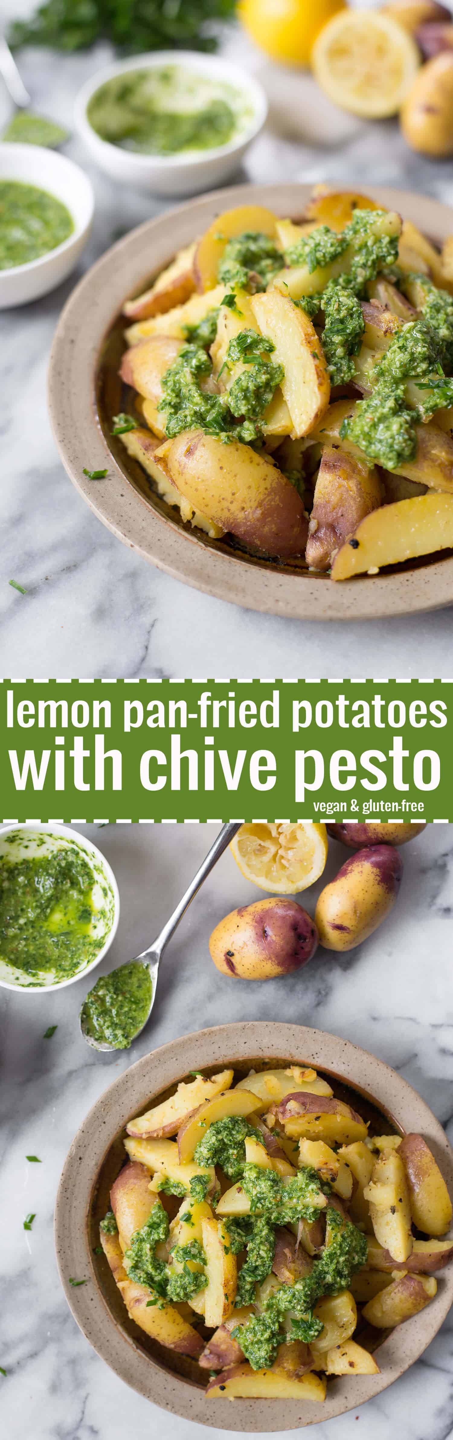 Lemon Pan-Fried Potatoes with Chive Pesto. The perfect side dish for the holidays. Vegan and gluten-free. | www.delishknowledge.com