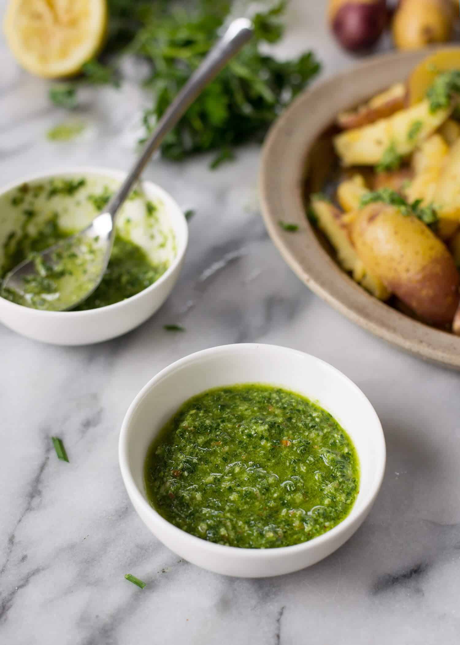 Lemon Pan-Fried Potatoes With Chive Pesto. The Perfect Side Dish For The Holidays. Vegan And Gluten-Free. | Www.delishknowledge.com