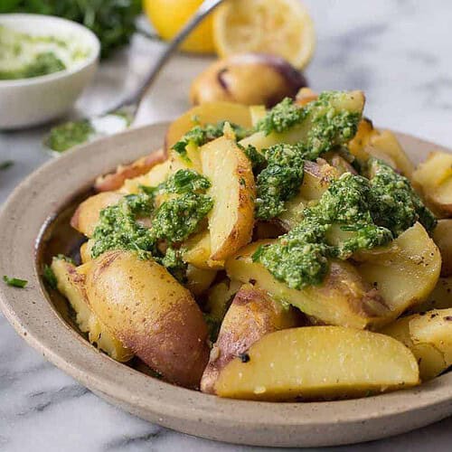 Lemon Pan-Fried Potatoes with Chive Pesto 7 Lemon Pan-Fried Potatoes With Chive Pesto. The Perfect Side Dish For The Holidays. Vegan And Gluten-Free. | Www.delishknowledge.com