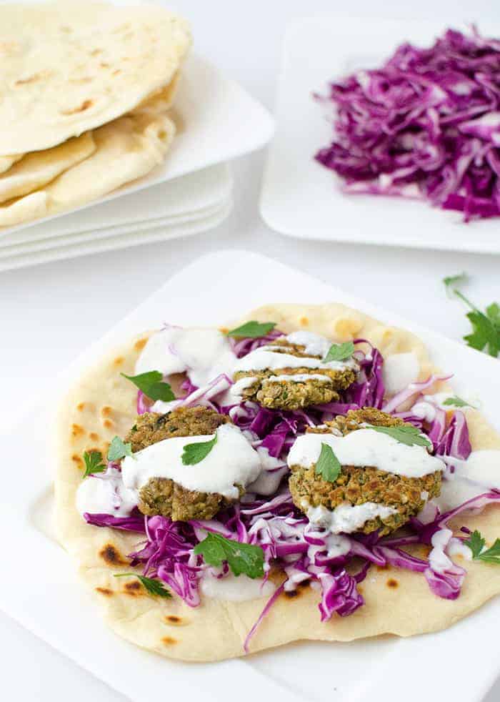 Lentil Flatbread Sandwiches! Homemade Flatbreads With Lentil Fritters, Cabbage, And Healthy Yogurt Sauce. Vegetarian With Vegan Option