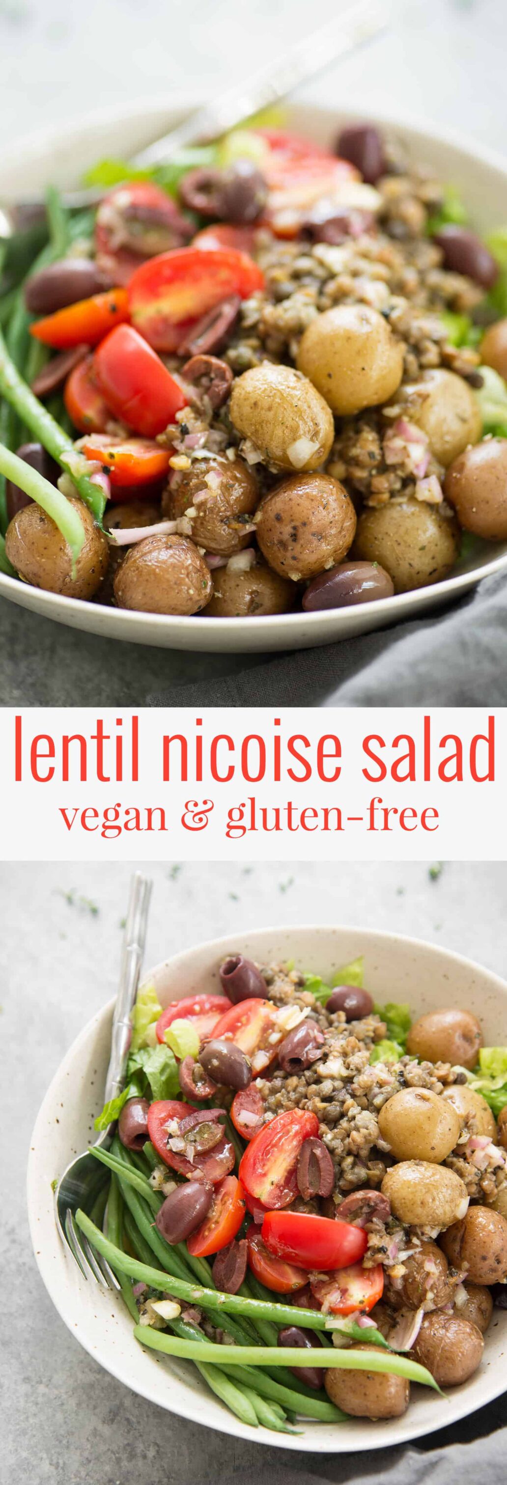 Lentil Nicoise Salad! You will love this protein packed plant-based meal. Potatoes, vegetables, seasoned lentils, green beans and a shallot dressing. Gluten-Free and Vegan | www.delishknowledge.com