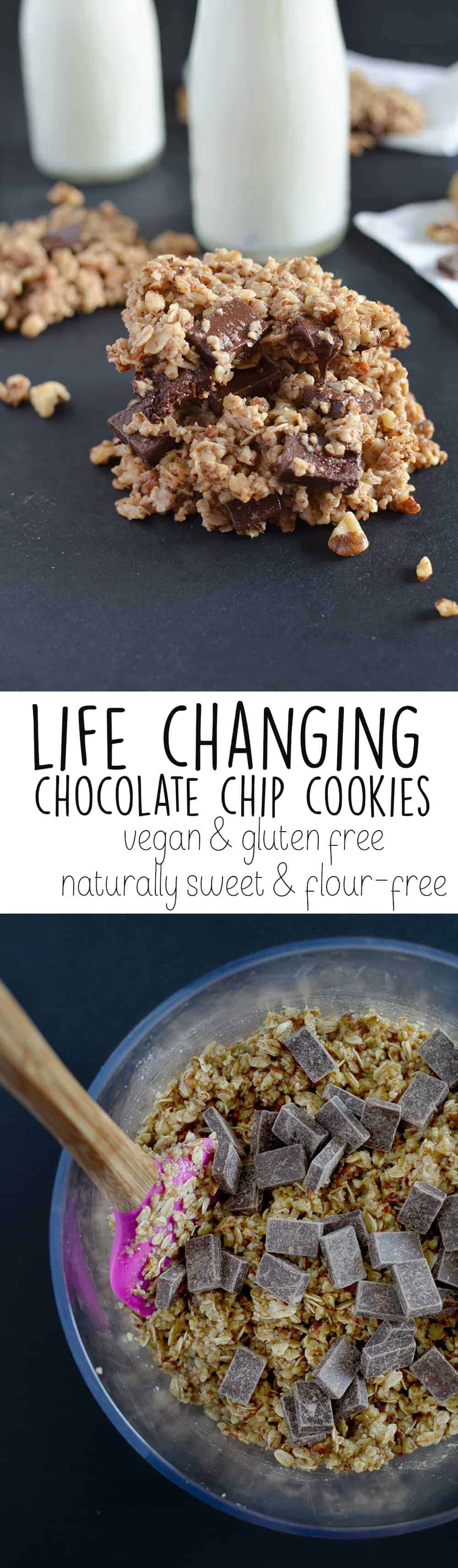 Life Changing Cookies! These cookies are a MUST save. Gluten-free, vegan, refined sugar free, flour free and DELICIOUS. Dark Chocolate Chunk Cookies. | www.delishknowledge.com
