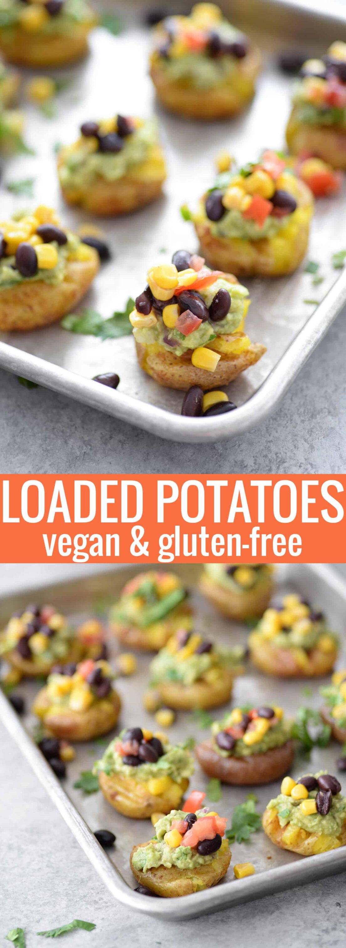 Vegan Loaded Smashed Potatoes! If you are looking for a vegan and gluten-free appetizer, this is it! Smashed potatoes topped with guacamole and corn and bean salsa. A healthy option for football snacks, superbowl and parties. | #superbowl #glutenfree #vegan #vegetarian #appetizer #snack | www.delishknowledge.com