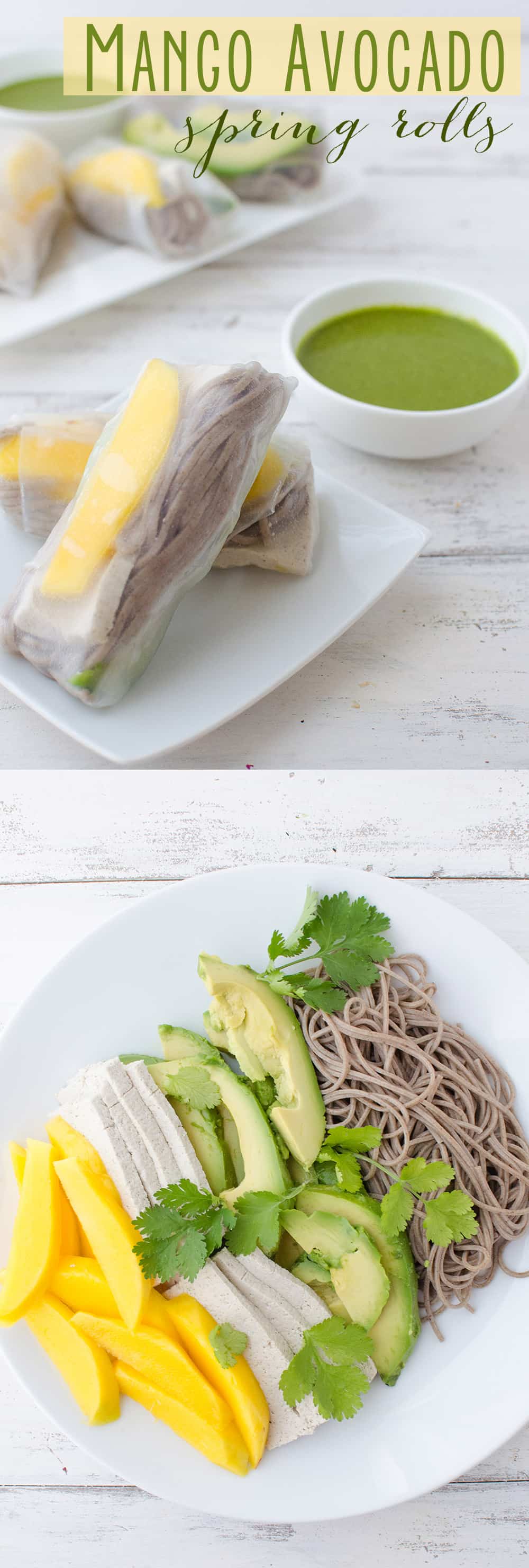 Mango And Avocado Spring Rolls! So Easy And Packed With Nutrition: Juicy Mango, Creamy Avocado, Buckwheat Noodles And Tofu. Served With A Spicy Cilantro Dipping Sauce. #Vegan #Vegetarian | Www.delishknowledge.com