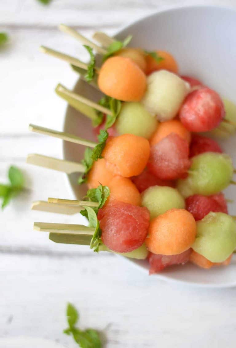 Melon Ball Skewers with BasilMint Dressing Delish Knowledge