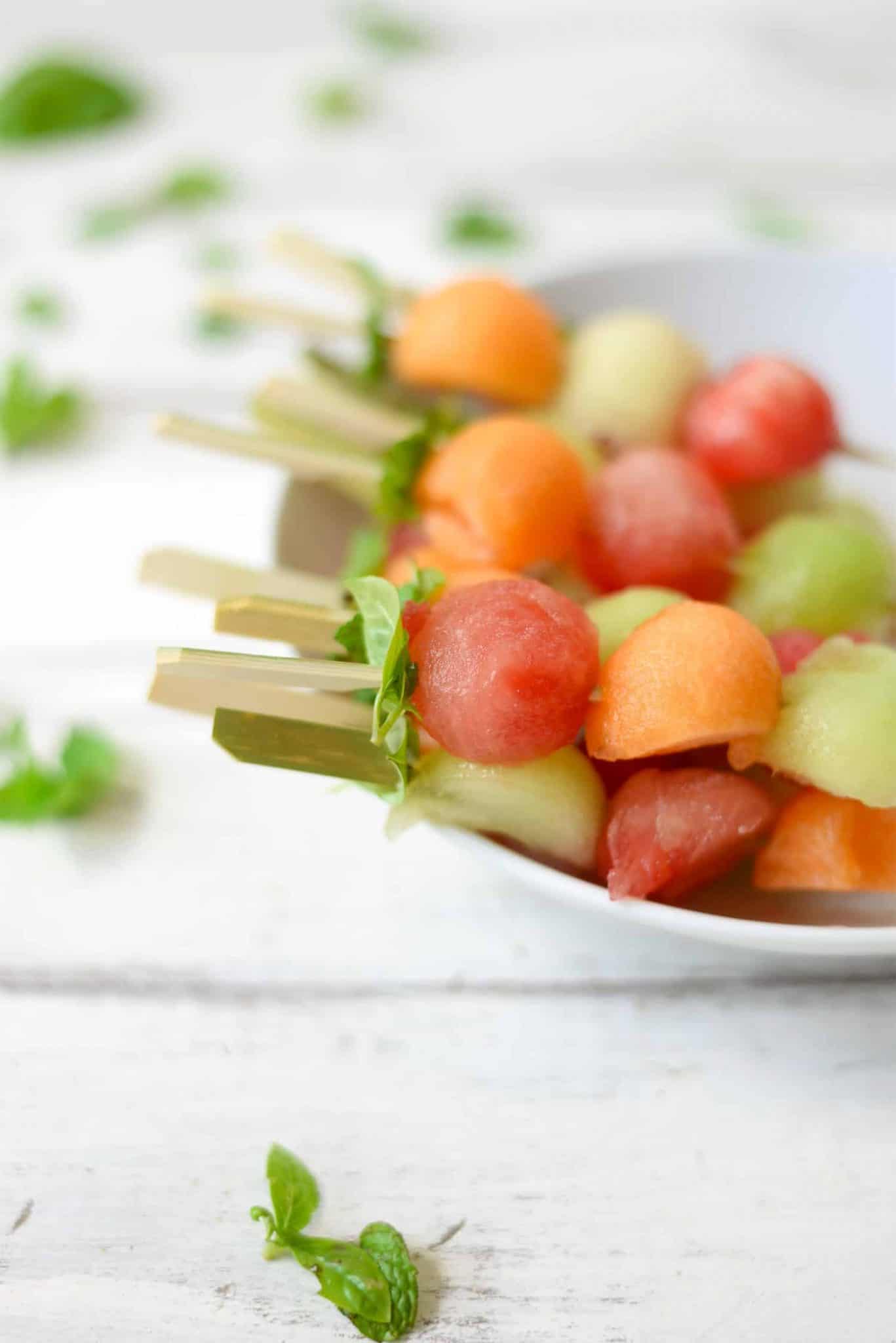 Melon Ball Skewers with BasilMint Dressing Delish Knowledge